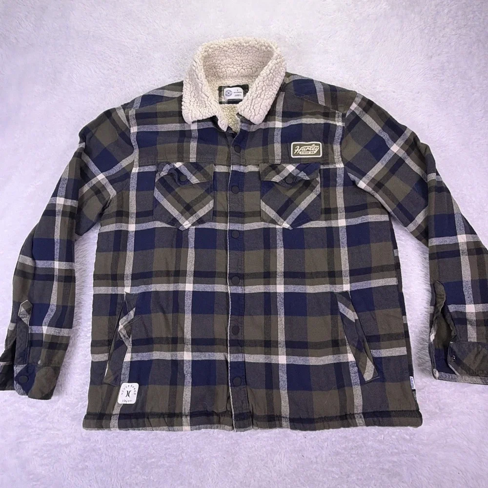 Hurley Shirt Jacket Mens M/L, Green Plaid Sherpa Lined Shacket Snap Front